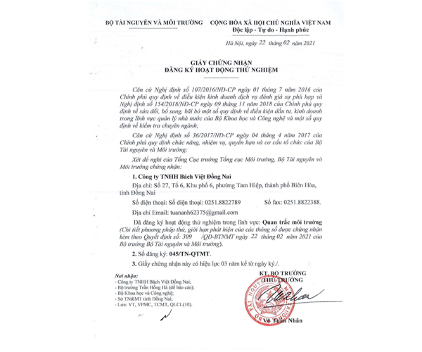 Chứng chỉ, chứng nhận - Tư Vấn Môi Trường Bách Việt - Công Ty TNHH Bách Việt Đồng Nai